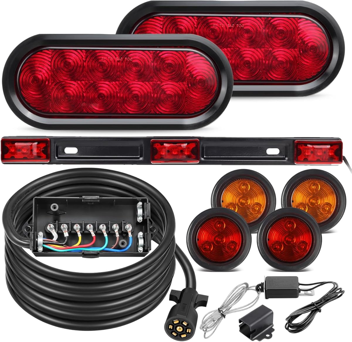 Partsam Oval 12V LED Truck Trailer Lights Kit with ID Light Bar Side Markers, 7 Way Plug Inline Trailer Cord with 7 Gang Junction Box Breakaway Switch and Plug Holder