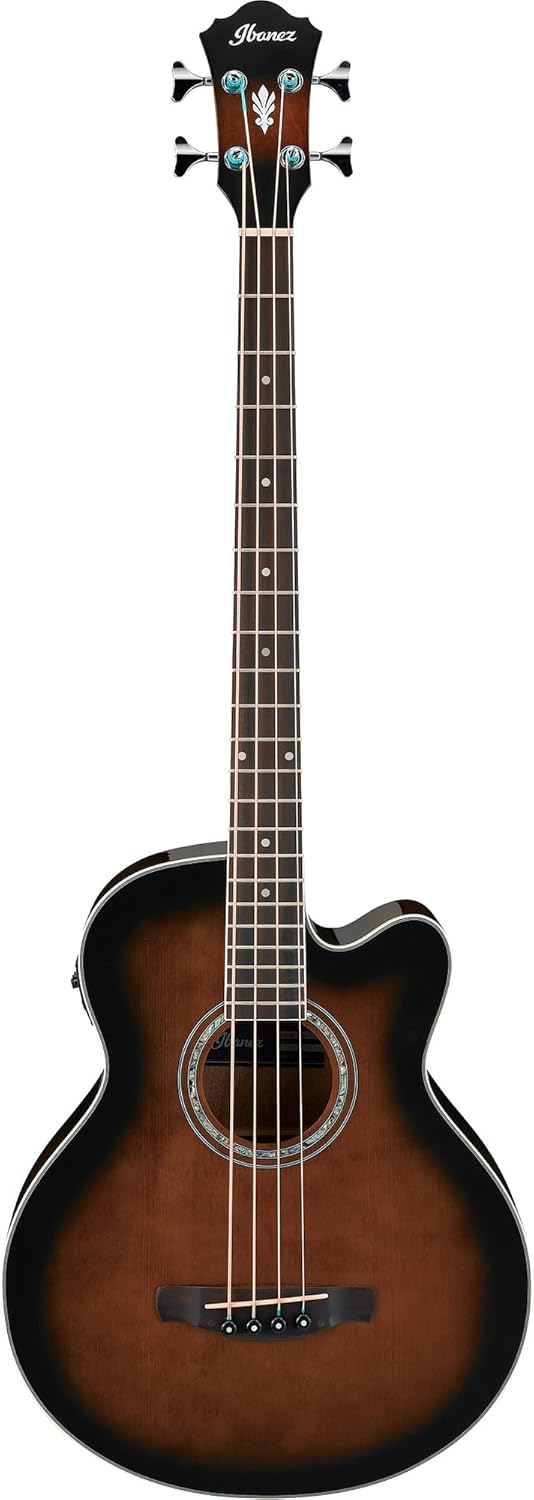 Ibanez AEB10E Acoustic-Electric Bass Guitar - Dark Violin Sunburst Bundle with Gig Bag, Tuner, Strap, Instrument Cable, Austin Bazaar Instructional DVD, and Polishing Cloth