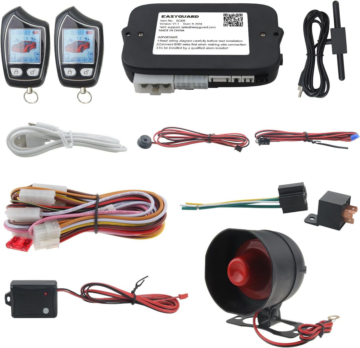 EASYGUARD EC208 FSK 2 Way car Alarm System with Rechargeable LCD Pager Display & Remote Trunk Release, Shock Alarm Warning DC12V