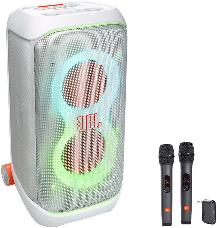 JBL PartyBox Stage 320 Portable Party Speaker with Wireless Two Microphone System (White)