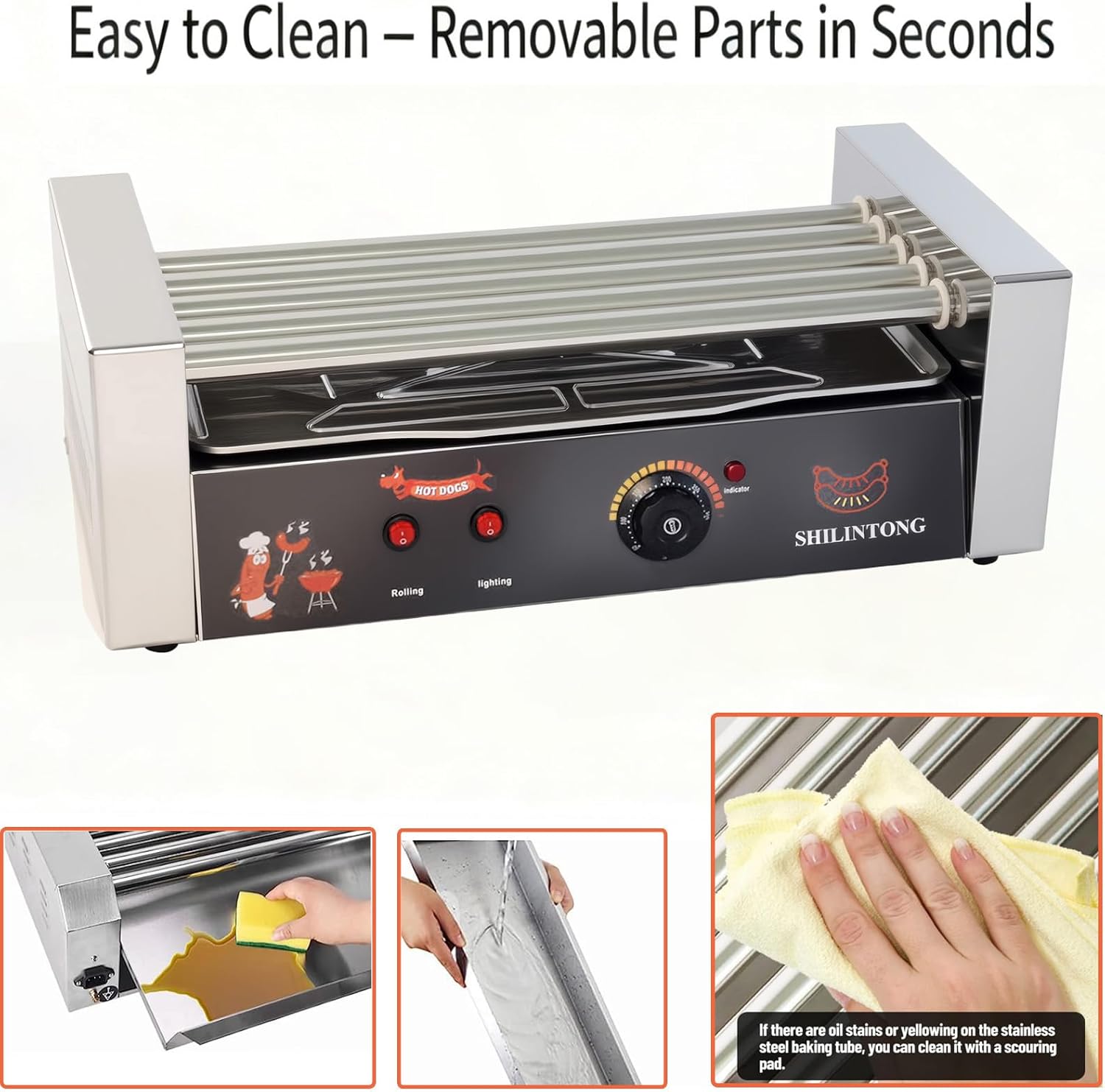 Commercial Hot Dog Roller Machine - 5 Roller Electric Grill with 16 Hot Dog Capacity, 750W Stainless Steel, Removable Drip Tray