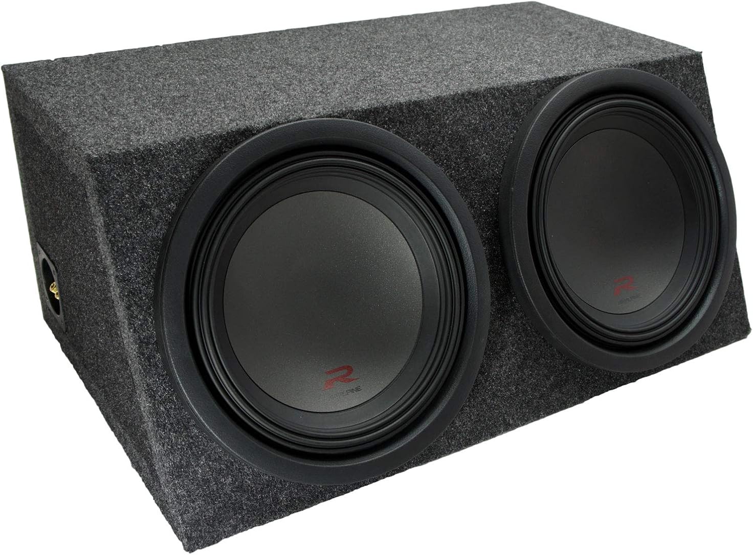 American Sound Connection 212H Universal Car Audio Dual Sealed Subwoofer Slanted Hatchback Stereo Sub Box Enclosure and Alpine R-W12D2 Car Audio Type R Series Sub Dual 2 Ohm 2250W Peak 12
