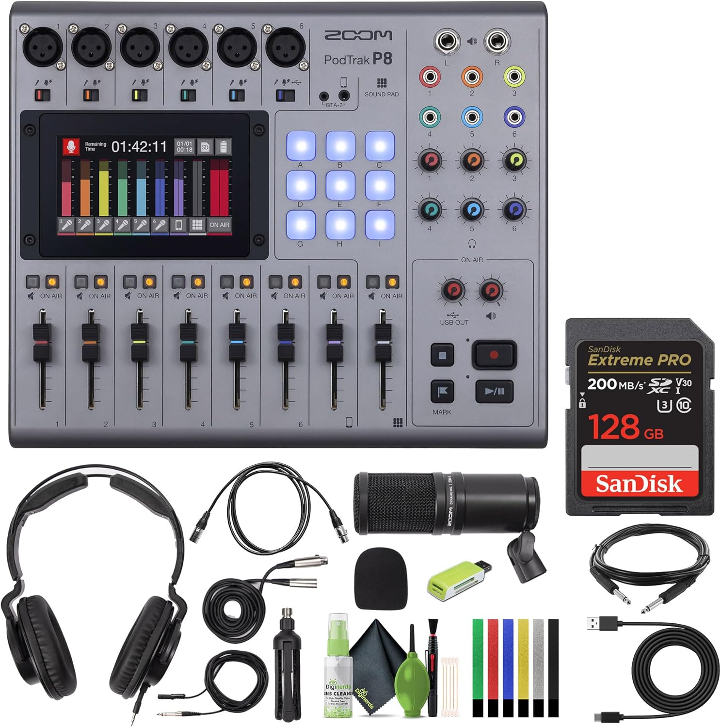 Zoom PodTrak P8 Portable Multitrack Podcast Recorder + Zoom ZDM-1 Podcast Mic Pack + Balanced Interconnect, 1/4 inch TRS + 10ft USB Type A to USB Type C cable - Black + More