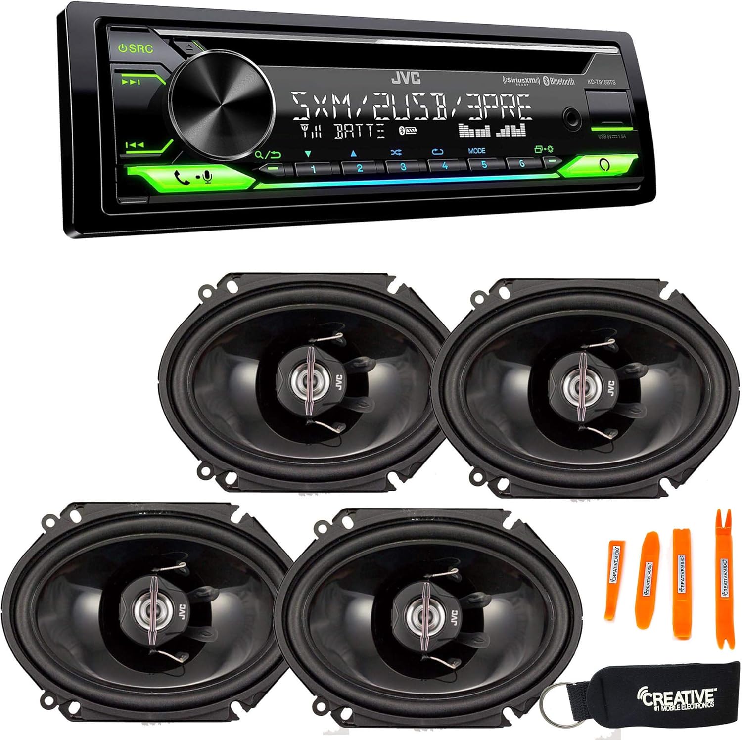 JVC KD-T915BTS - CD, Bluetooth, Dual USB, AUX, Amazon Alexa, SirusXM Ready + Two Pairs of JVC 6x8 Speakers