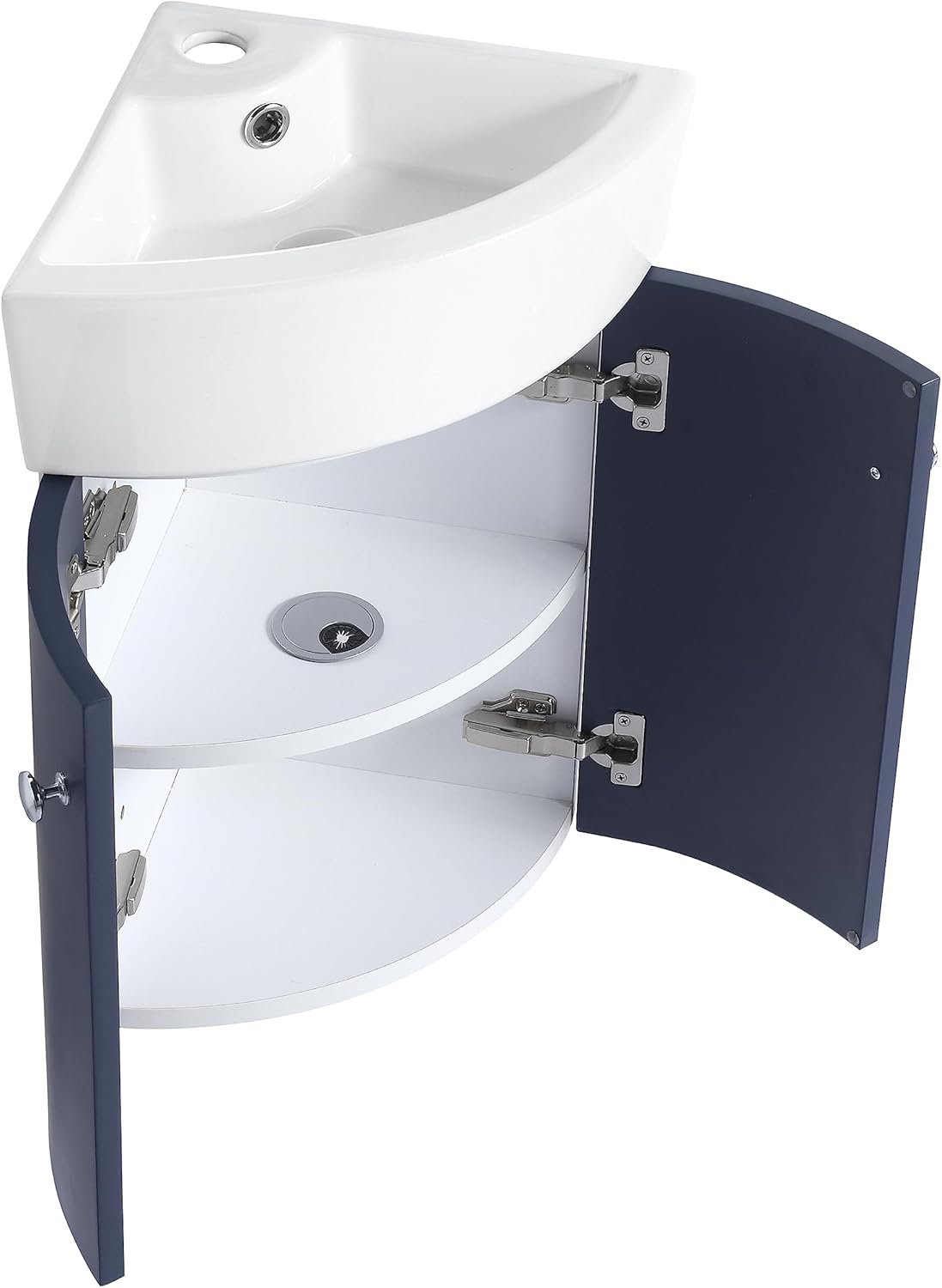 Corner Wall-Mount Vanity with White Ceramic Integrated Sink, Non-Adjustable Shelf, Soft Closing Metal Hinges, Scratch & Water-Resistant Melamine - 12.8