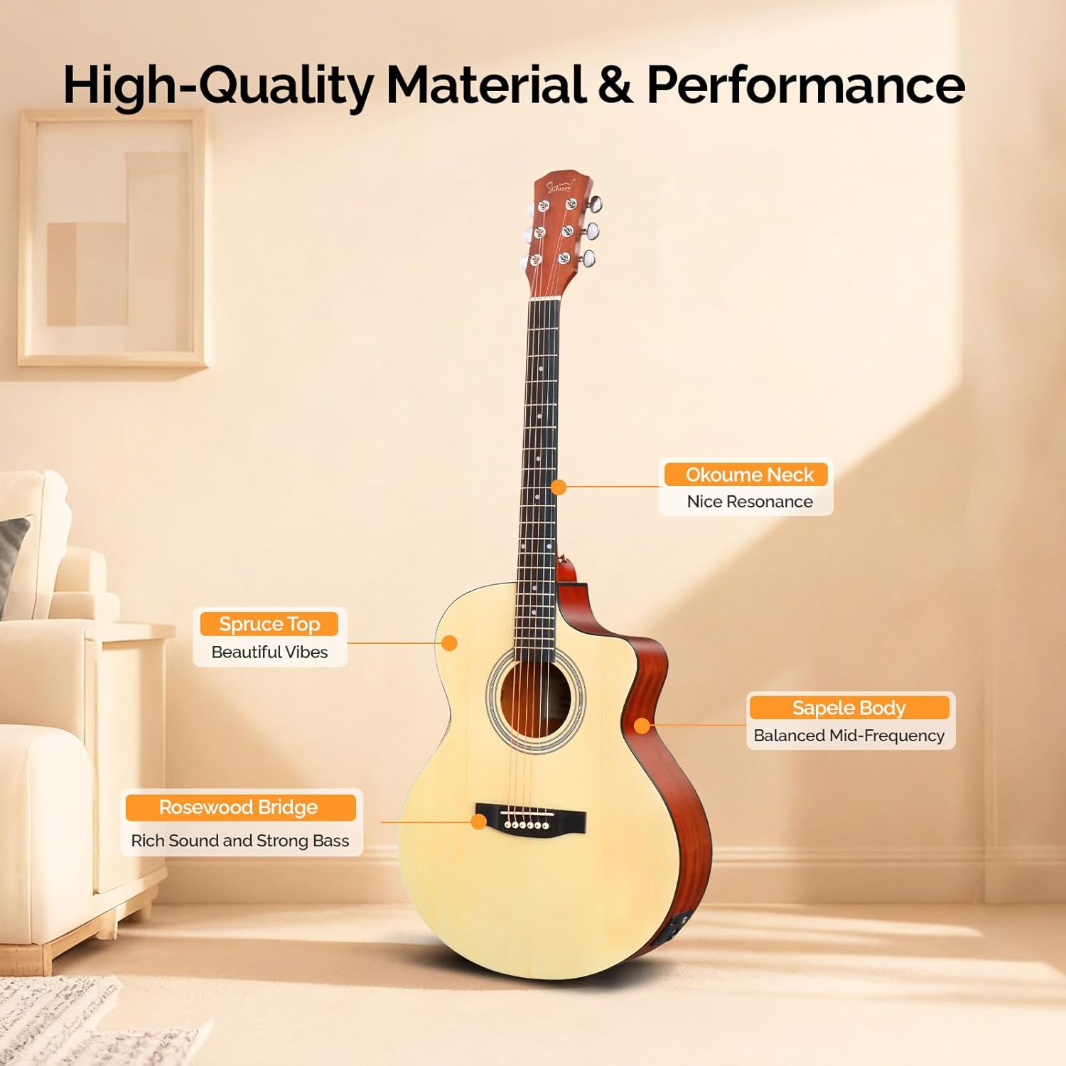 GLARRY 41in Full Size Acoustic Electric Guitar Beginner Kit with 15W Amp, 5-band EQ Cutway Design 6 Strings Electric Acoustic Guitar with Bag, Strap, Picks, Strings, Wrench (Natrual)