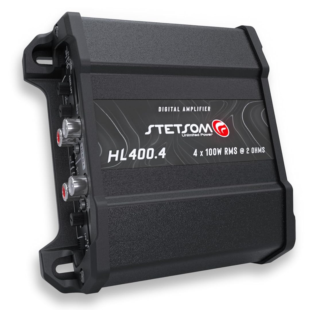 Stetsom HL 400x4 2 Ohms - Compact Digital 4 Channel Amplifier, 400W RMS 400x4, Full Range, High Input, Bass Boost Gain + 14db (Variable Adjustment 30-75hz), Multichannel, Digital Sound, Crossover