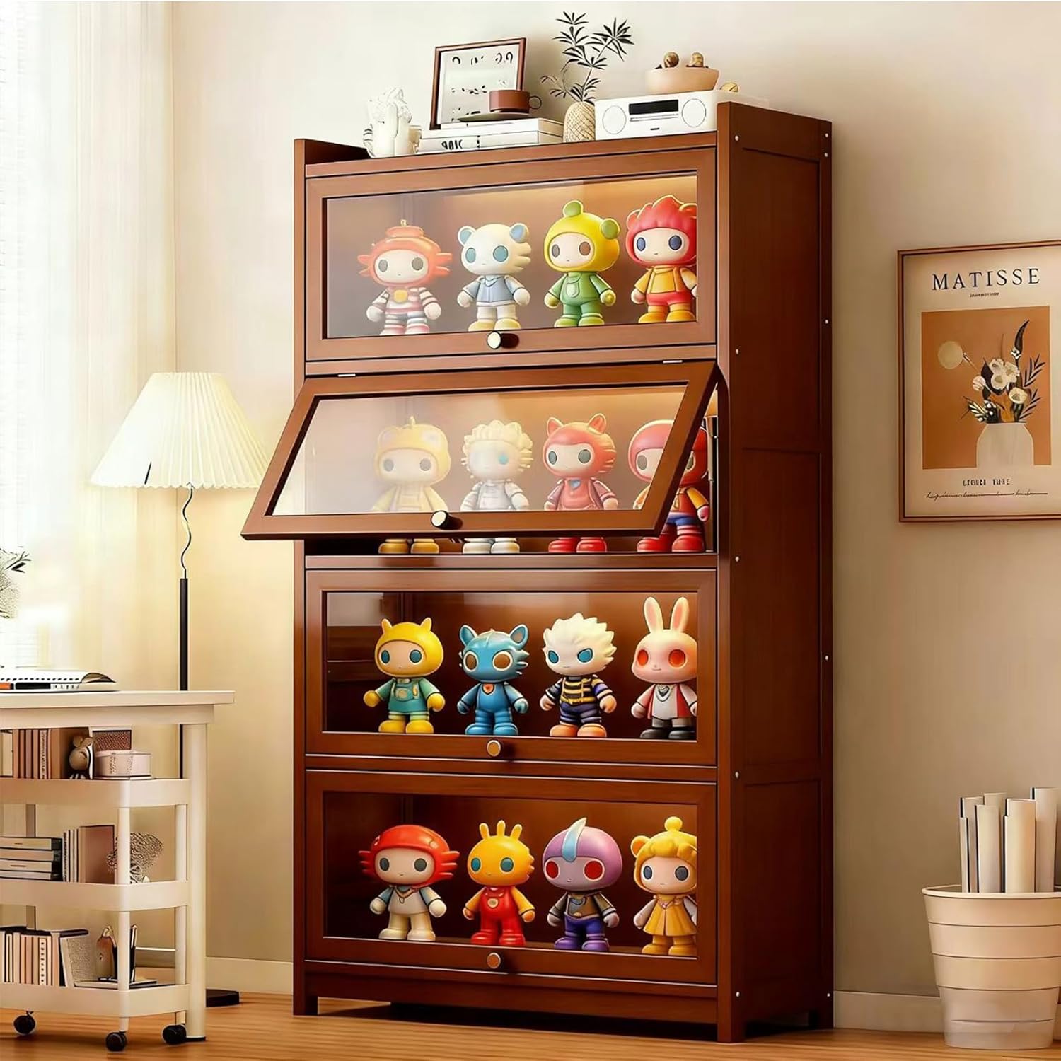 Bamboo Bookshelf with Acrylic Doors, 4-Tier Tall Bookcase with Flip-Up Doors, Freestanding Display Cabinet for Living Room/Study, Brown