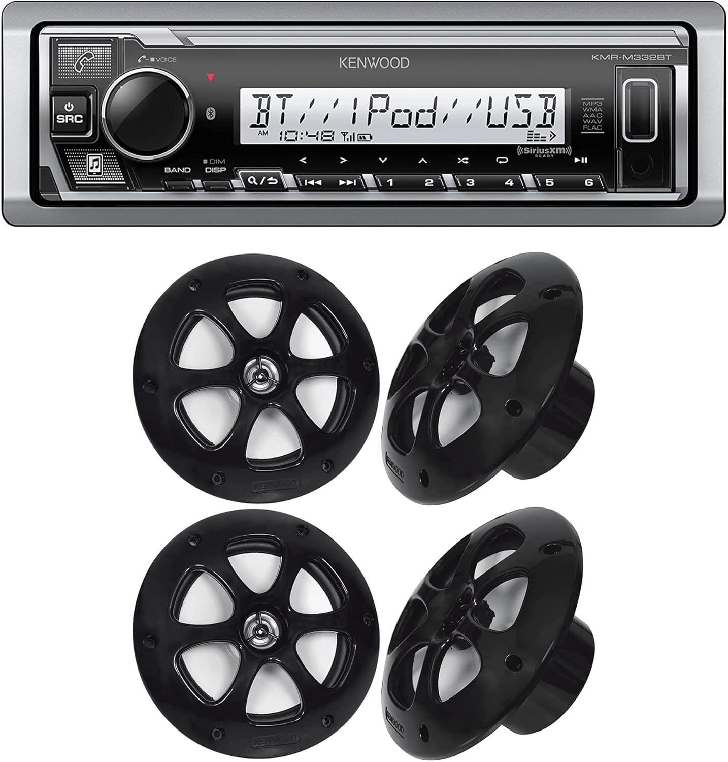 Kenwood KMR-M332BT Car & Marine Stereo | Plus 2X KFC-1613MRB/W 6.5 Inch 2 Way Coaxial Waterproof Marine Motorsports Boat Speakers, Pair, 4 Ohm, 100 Peak Watts (Black)