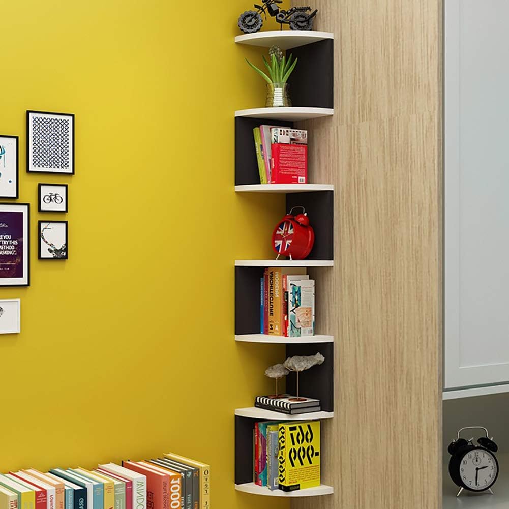 Floating Corner Shelf, 7 Tier Wood Bookshelf Wall Shelf Wall Mount Spice Rack Storage Display for Kitchen Office-White 20cm(8inch) (Black 20cm(8inch))