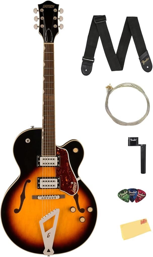 Gretsch G2420 Streamliner Hollow Body Electric Guitar - Aged Brooklyn Burst Bundle with Strings, Strap, Picks, String Winder, and Austin Bazaar Polishing Cloth