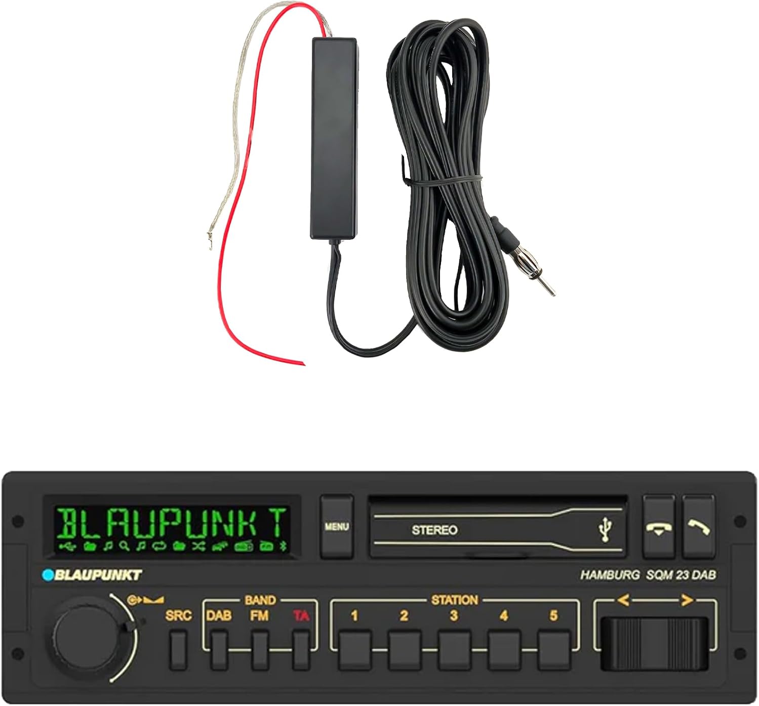 Blaupunkt Hamburg Single DIN Retro Classic Bluetooth USB/AUX AM/FM Radio Stereo Receiver, 12V Stereo Radio Antenna Black Signal Reception Amplifier Booster Kit (Hamburg)