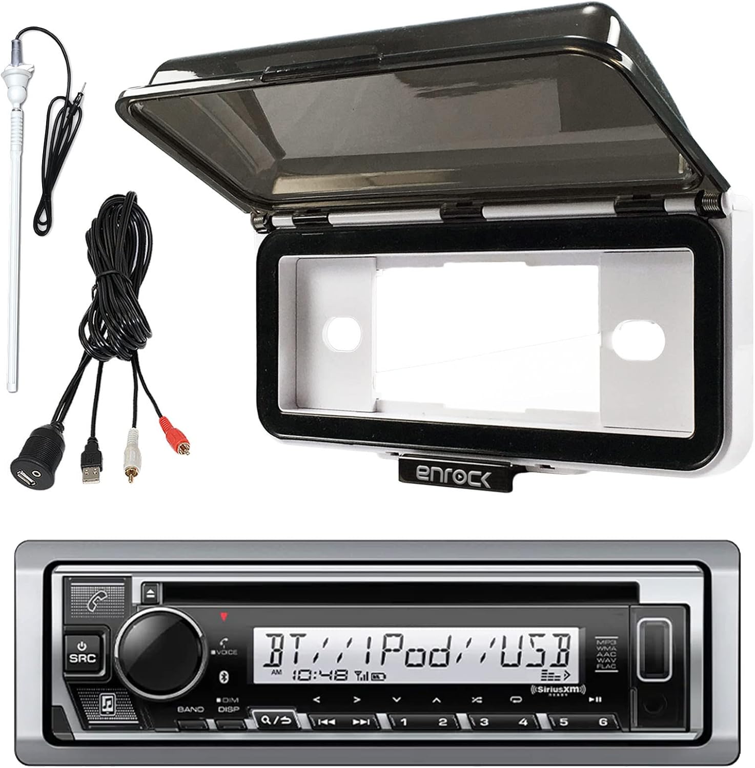 Single DIN Marine Boat Audio Bluetooth CD Player Receiver Bundle Combo with White Waterproof Protective Cover Bundle Combo with Enrock USB/AUX to RCA Interface Mount Cable + 45