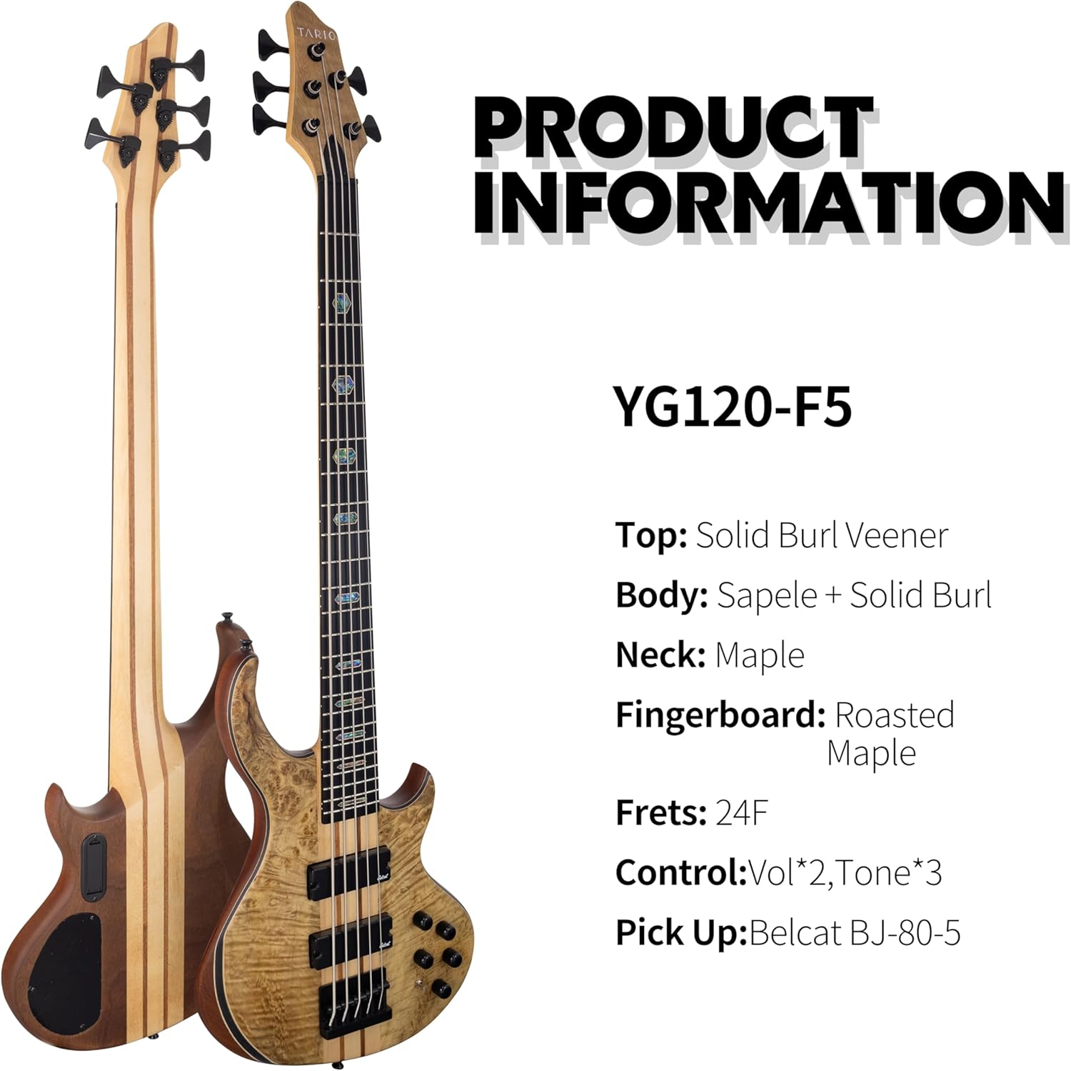 TARIO 5 String Electric Bass Guitar Burl poplar top Millettia Laurentii Okoume body Maple Fretboard