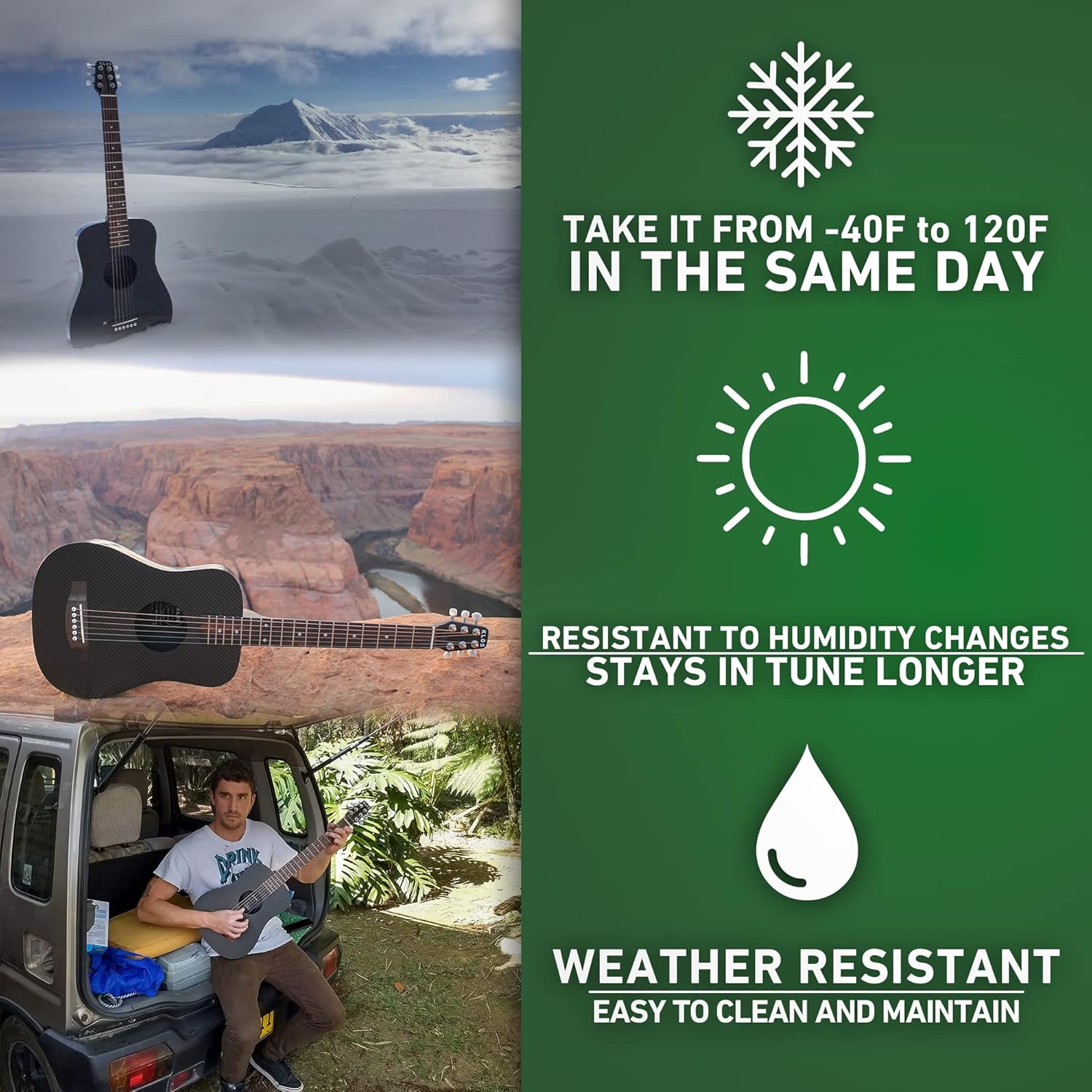 KLOS Travel Guitar, Durable Carbon Fiber Acoustic Electric Guitar - Black with Gig Bag, Capo and more