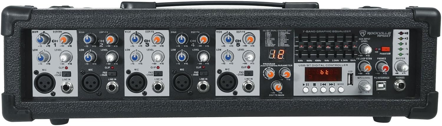Rockville RPM47 1800w Powered 5 Channel Mixer Amplifier, 8 Ohm, Bluetooth, USB Interface, Digital Effects, 7-Band EQ, for Live Bands and Church Audio