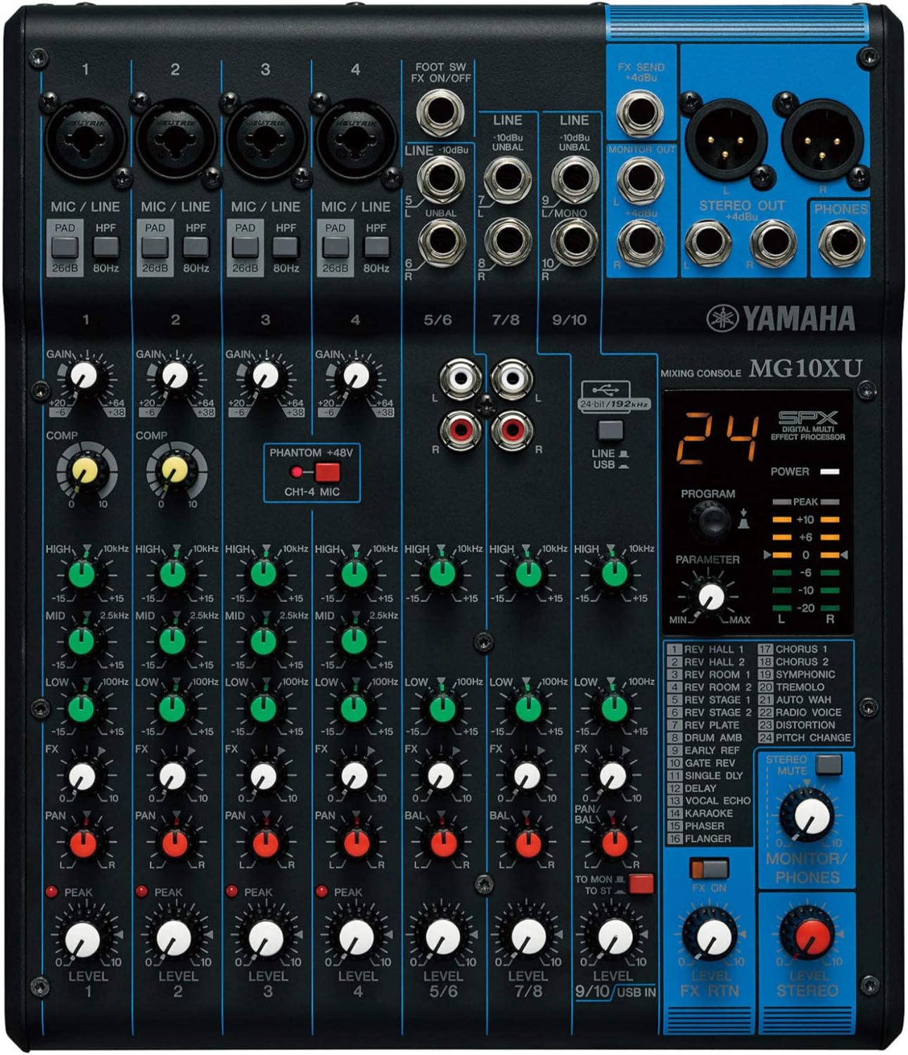 Yamaha MG10XU 10-Channel Analog Mixer, with 4 Microphone Preamps, 3 Dedicated Stereo Line Channels, 1 Aux Send, EQ, 1-knob Compressors, and Digital Effects