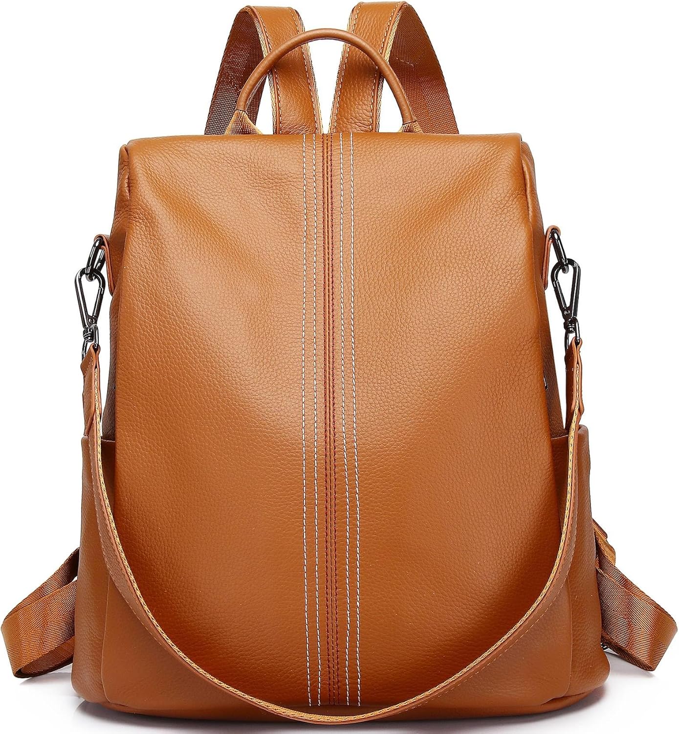 Genuine Leather Backpack Purse For Women Orange Brown Antitheft Real Soft Leather Fashion Daypack Shoulder Bag