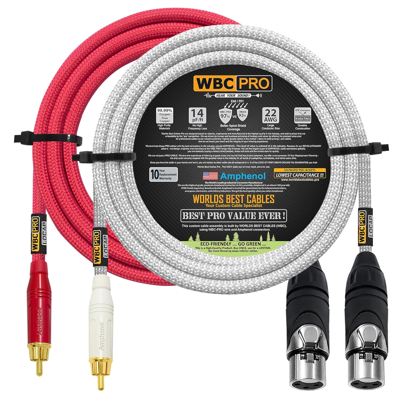 10 Foot RCA to XLR (Female) Cable Pair - WBC-PRO-LOCAP Low-Capacitance (14pF/ft) 22 AWG Ultra-Silent Audiophile & Pro-Grade Audio Interconnect Cable - Amphenol Plugs & Red & Silver Tweed Jackets