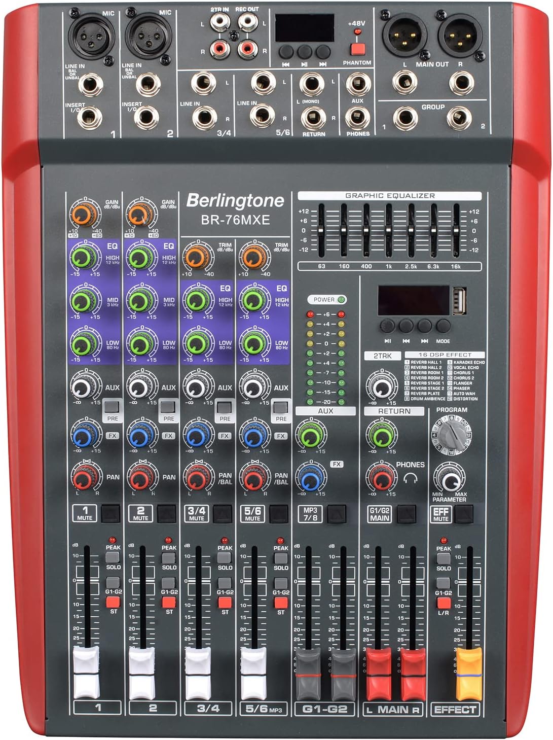Professional 6 - Channel Bluetooth Studio Audio Mixer - DJ Sound Controller, USB Drive, PC Recording, RCA, XLR Microphone Jack, 7 Band EQ, 16BIT Digital Multi Effect Processor (BR-76MX)