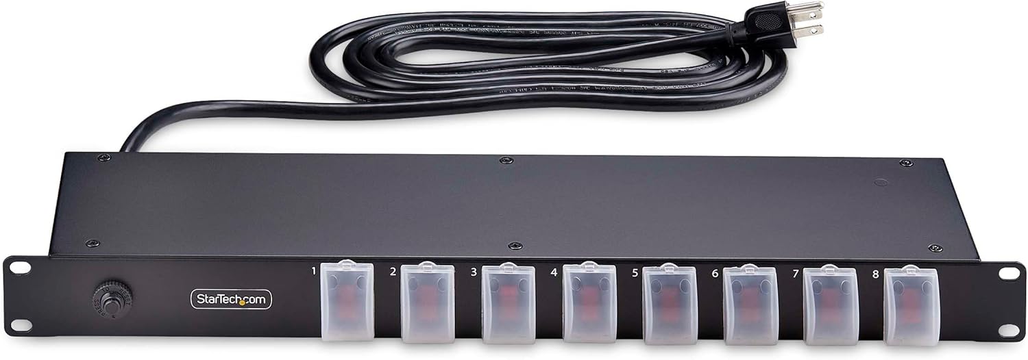 StarTech.com 8-Outlet Horizontal Rack Mount PDU, 1U Power Strip, Outlet On/Off Switches, 15A Breaker, 8ft/2.4m Cord NEMA 5-15, TAA