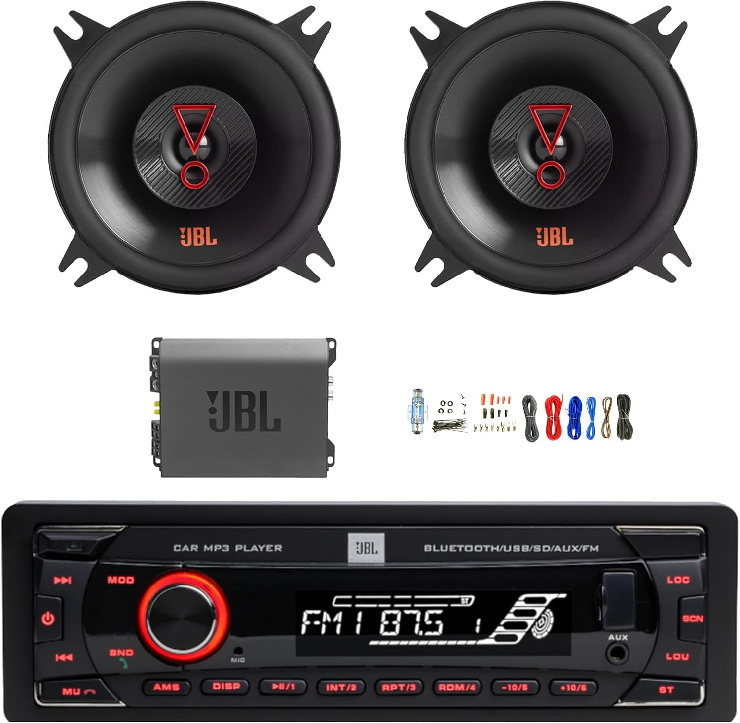 Single DIN Bluetooth FM Radio USB/AUX MP3 Stereo Receiver, 2X 4 150 Watt Peak Power 2-Way Car Audio Speakers, Amplifier w/Install Kit