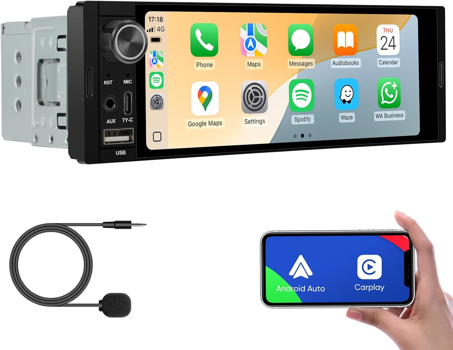 6.36-Inch Single Din Touchscreen Car Stereo - Linux System Single Din Wired/Wireless Carplay Android Auto,1080P HD GPS Navigation Handsfree Calling, SWC/FM/AM/BT (6.36-SD-02)