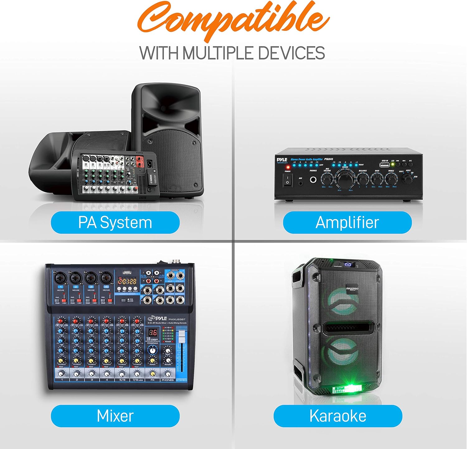 Pyle 4 Channel Wireless Microphone System - Professional VHF Audio Mic Set with 1/4