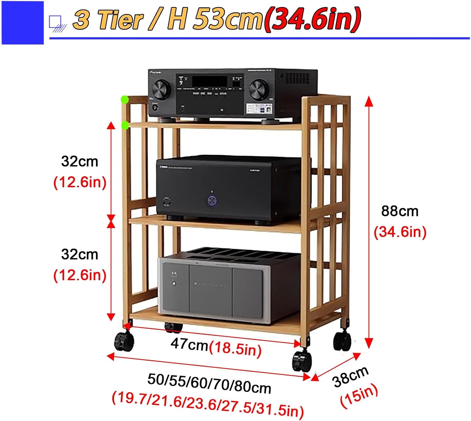 Home Stereo Racks and Stands on Wheels, Mobile Bamboo Audio Amplifier Media Cabinet 2 3 4 5 Layer Adjustable Height, Living Room/Bedroom/Farmhouse Standing Media Shelf,Brown L 55cm/H 3Tier