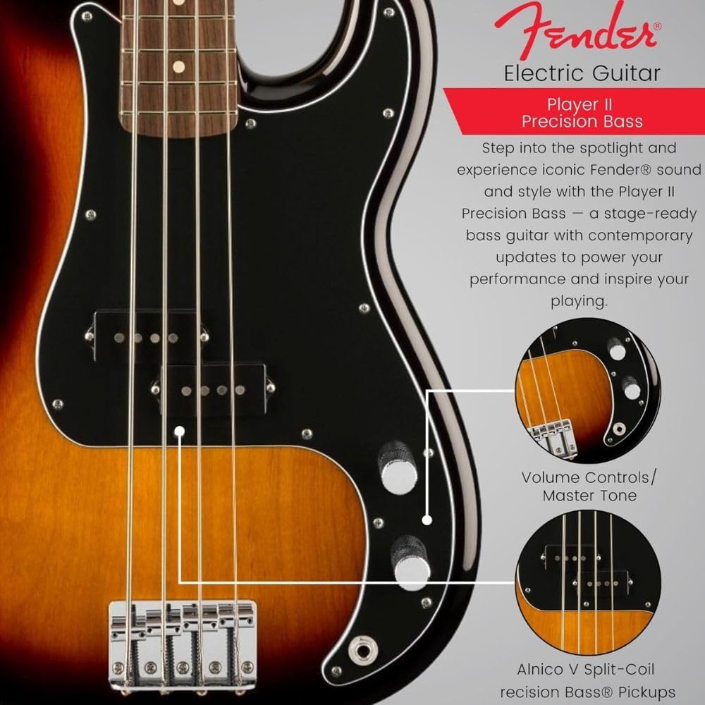 Fender Player II Precision Bass 3 color Sunburst w/Rosewood Bundle with Fender Electric Guitar Bag Black, Fender Classic Celluloid Guitar Picks 12-Pack and 10ft Fender Instrument Cable Black
