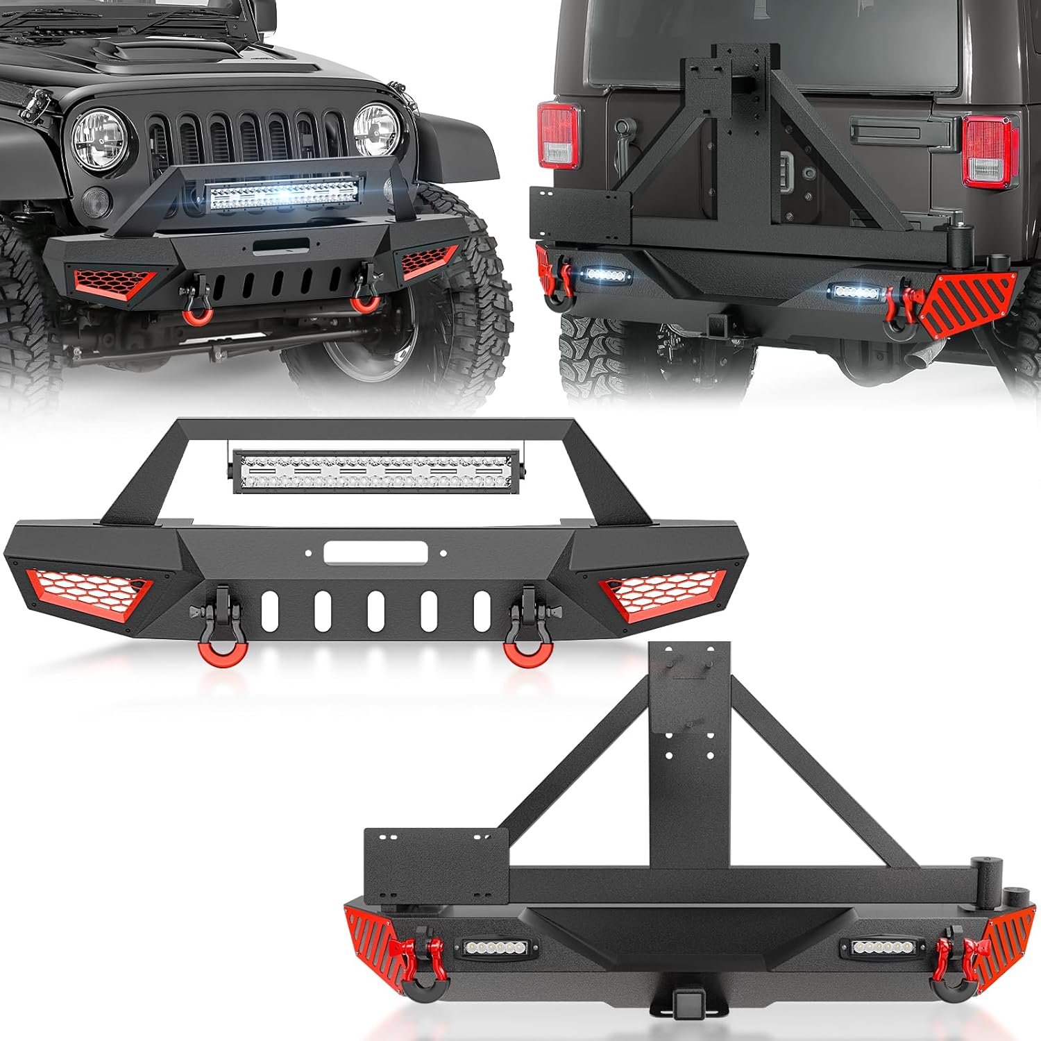 for JK Front and Rear Bumpers with Spare Tire Carrier Compatible with 2007-2018 Jeep Wrangler JK JKU with Winch Plate, LED Lights, Hitch Receiver, Paintable Armor, License Plate Frame, D-rings