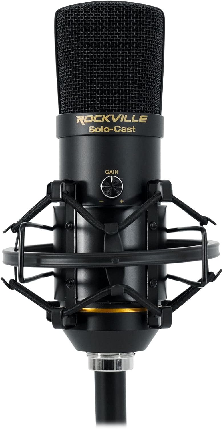 Rockville Solo-Cast 24-bit 192kHz USB Mic, Unidirectional Condenser, Built-in Interface, Metal Stand, Shock Mount, Pop Filter, for Podcasting and Streaming