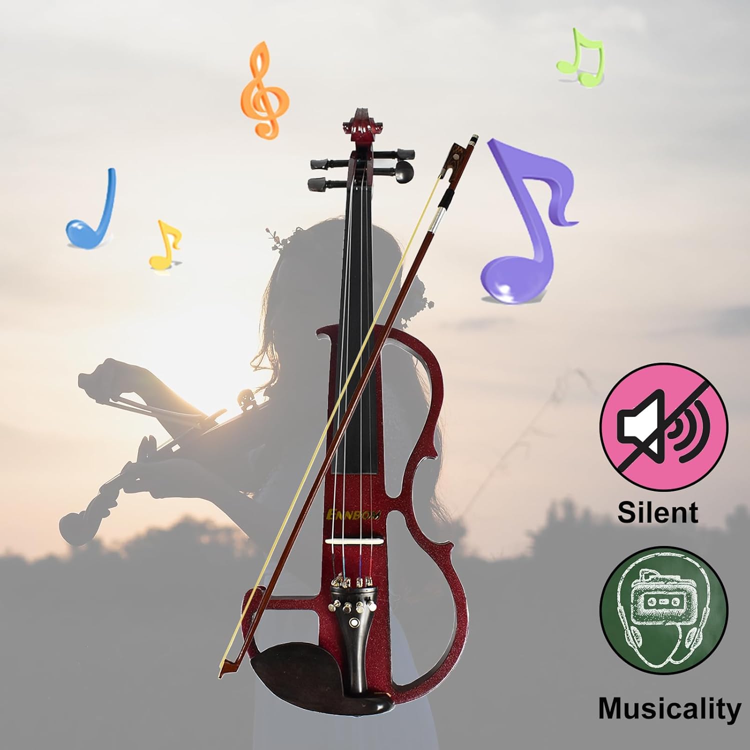 ENNBOM Beginner 4/4 Electric Violin Ebony Silent Violin Electric Violin Introductory Set (Wine red)