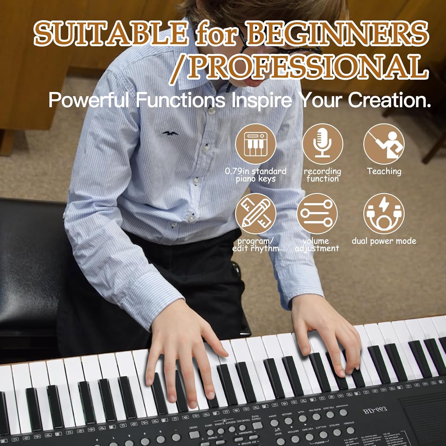 Keyboard Piano 61 Key Electric Piano Keyboard for Beginners/Professional, Full Size Light Up Music Keyboard Built-in Dual Speakers with LED Display, Stand, Music Stand, Microphone, Bench (Black A)