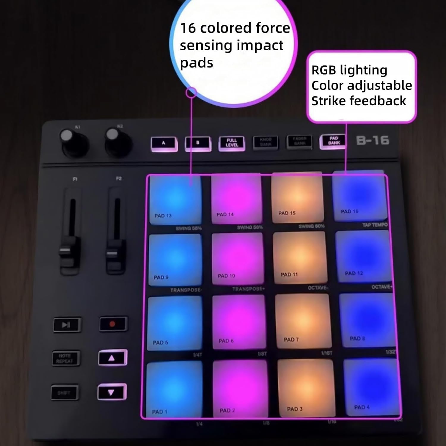 MIDI Strike Pad Controller Beat Maker with Lock Slot & 16 RGB Illuminated Beat Pads Force Sensing Assignable Control