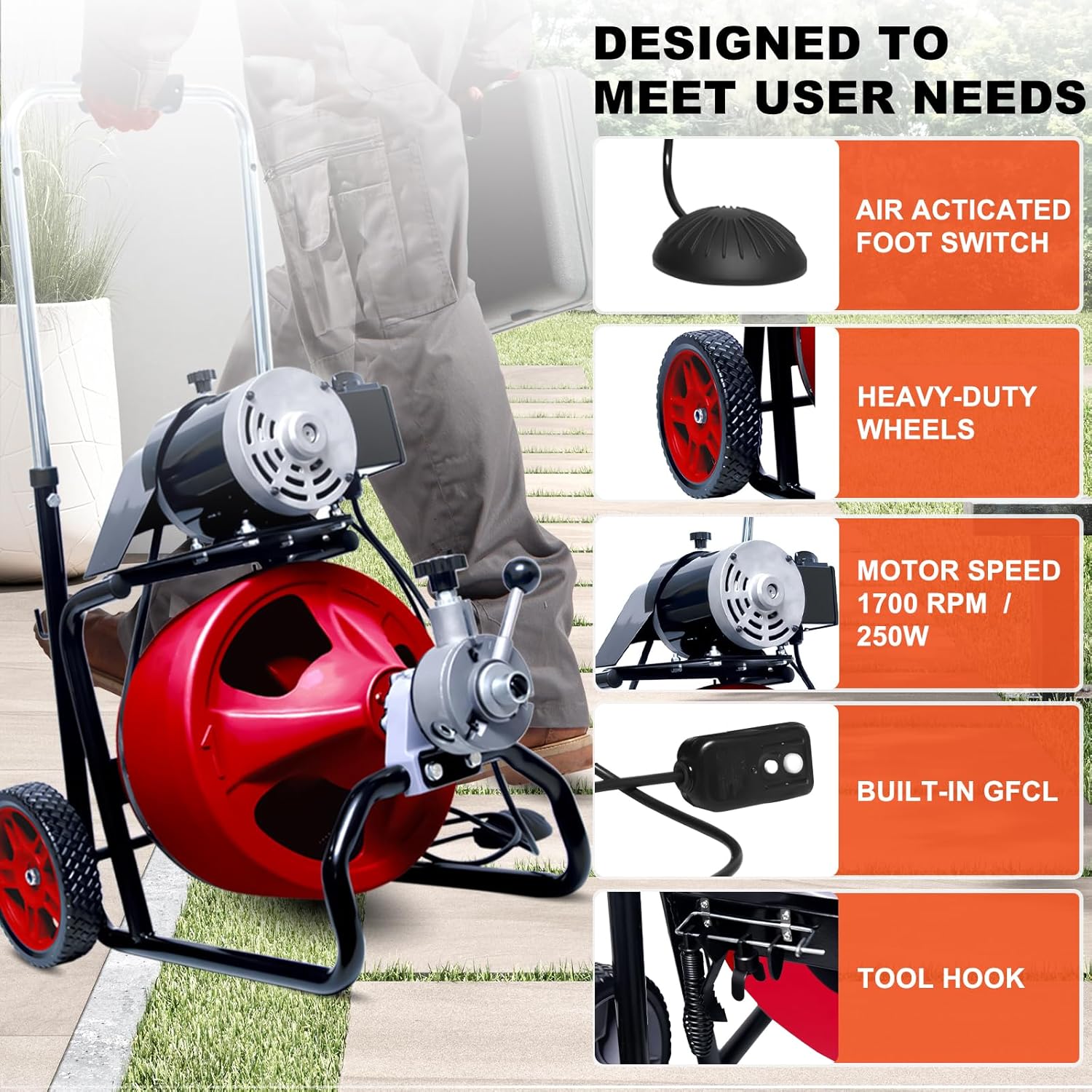 Drain Auger Cleaner 50 FT x 3/8 Inch, Sewer Snake Auto Feed, Drain Cleaning Machine with 8 Cutter & Air-Activated Foot Switch for 1