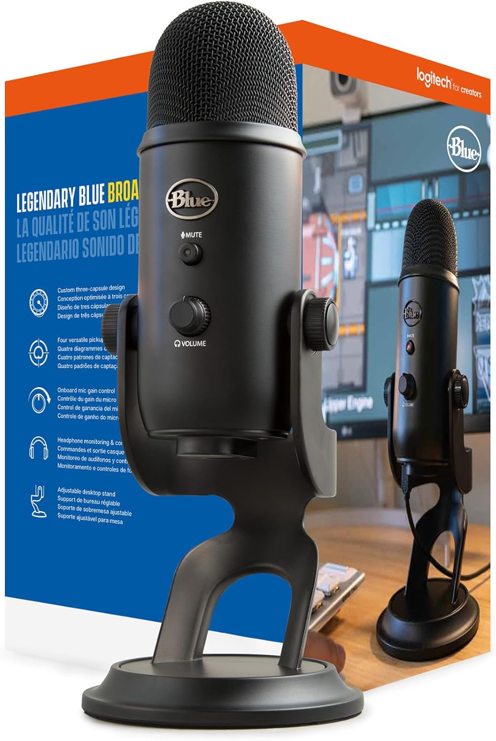 Blue Yeti Microphone (Blackout) Bundle with Boom Arm Stand, Pop Filter and Shock Mount (4 Items)