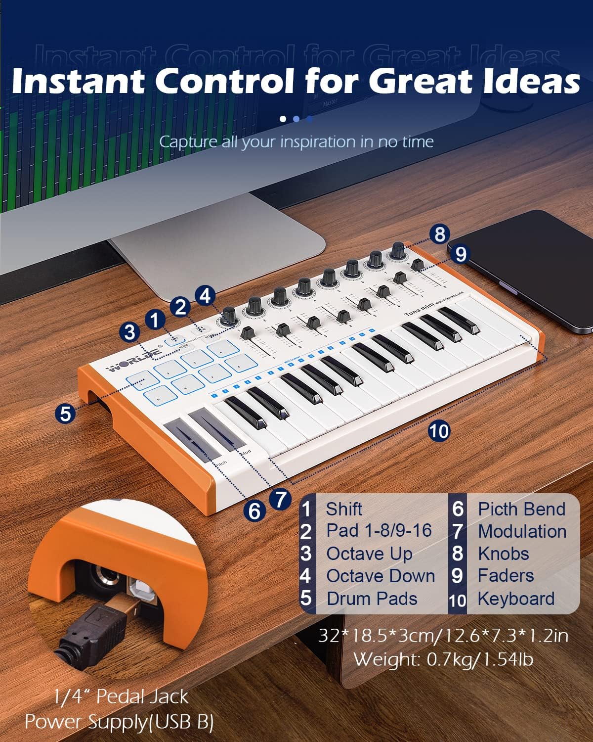 Vangoa Worlde MIDI Keyboard Controller 25 Key, Worlde Tuna Mini USB Portable Beat Maker Machine, Midi Keyboard with Drum Pads for Beginners, 8 Knobs, 8 Faders, Pedal Interface, White