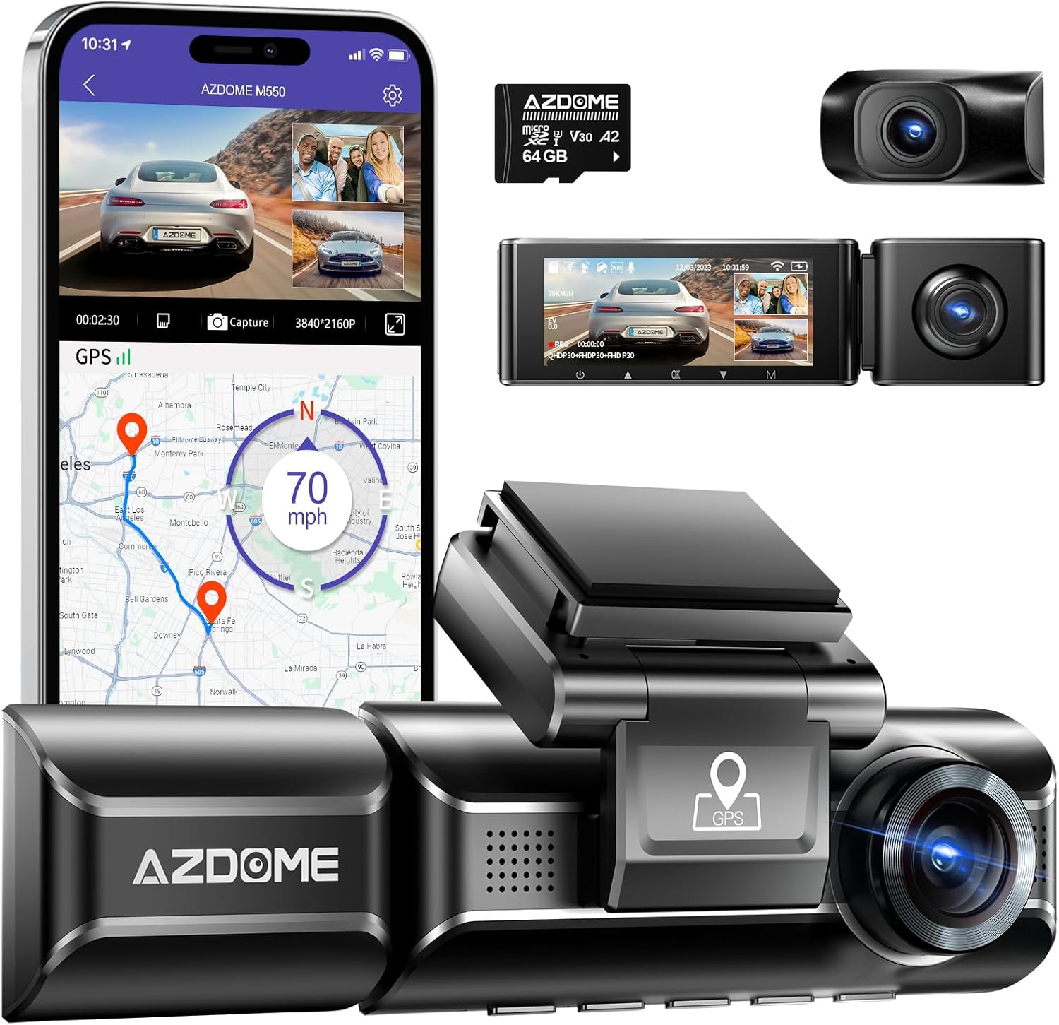 AZDOME M550 3 Channel Dash Cam, 4K+2.5K Dual Dash Camera for Cars Built-in WiFi GPS, 1440P+1080P+1440P Front and Rear Inside, 64GB Card Included, 3.19