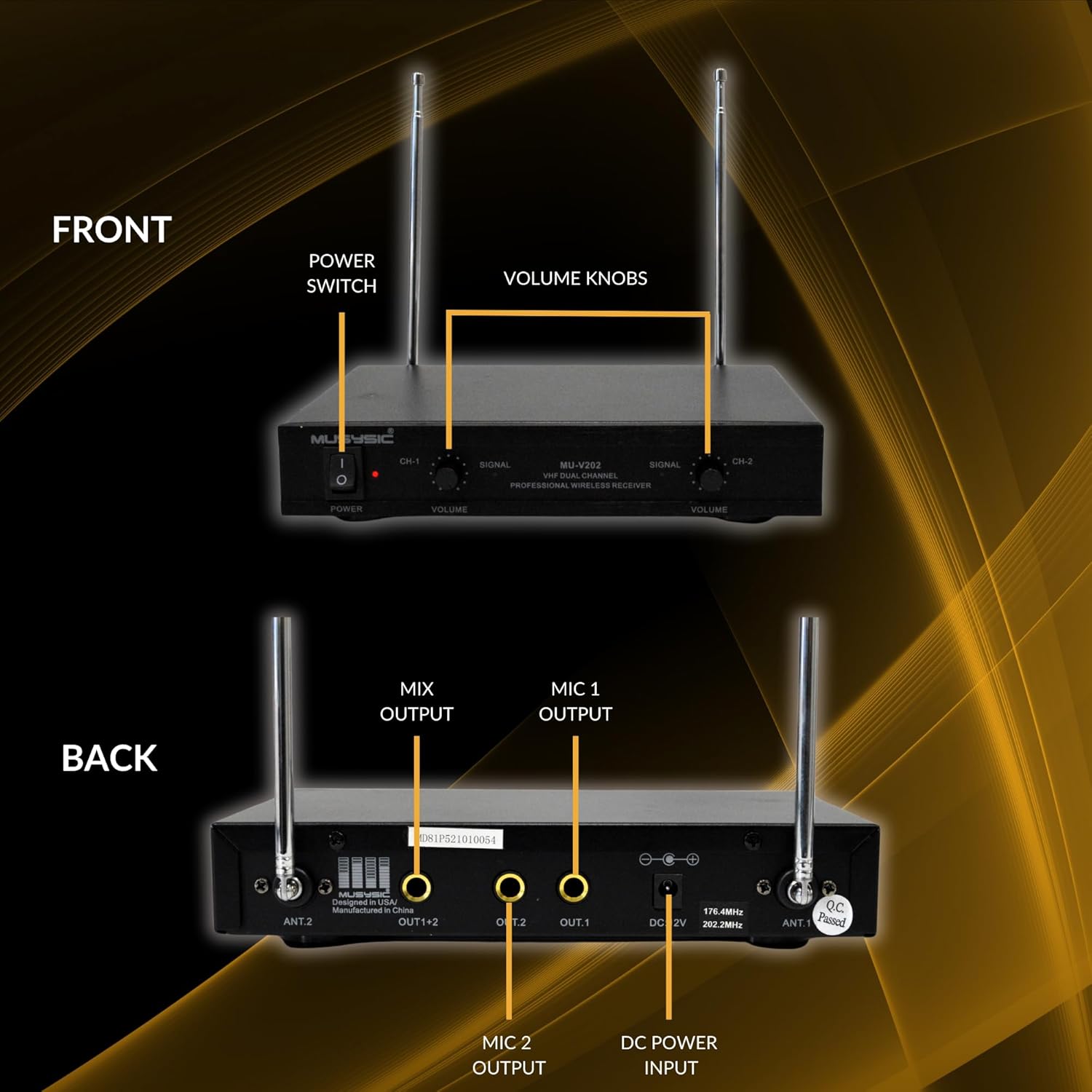 MUSYSIC 2-Channel Professional Wireless VHF Microphone System with Handheld & Lapel/Lavalier Headset for Church, Party, Meetings, Conference, Karaoke