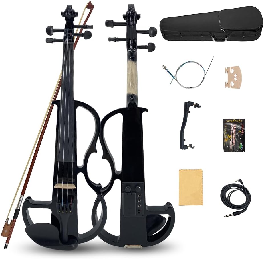 4/4 Full Size Electric Violin – Silent Electric Violin with Headphone Jack, Ebony Fittings – Includes Case, Bow, – Ideal for Practice & Performance (Black)