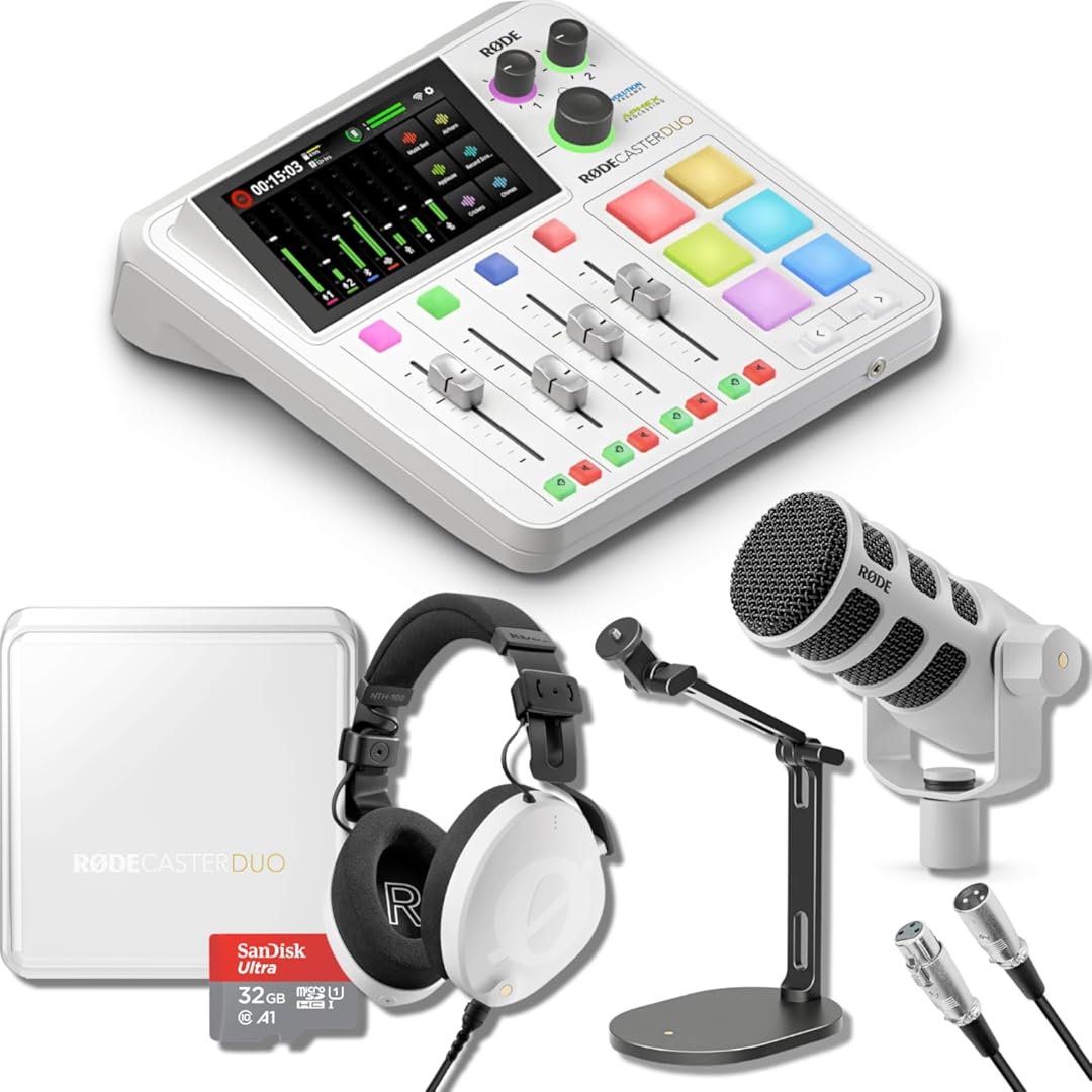 Rode RODECaster Duo with White-out Rode Podmic Dynamic Podcast Microphone, DS2 Desktop Mic Stand, NTH-100 Studio Headphones, RODECaster Duo Cover, SD Card and XLR Cable