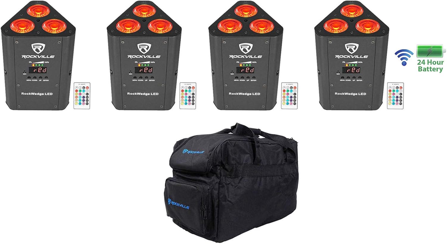 Rockville RockWedge LED Bundle: (4) 54W RGBWA+UV Rechargeable Battery Par Lights with Wireless DMX, RLB30 Travel Bag for DJs and Events, 5-Items