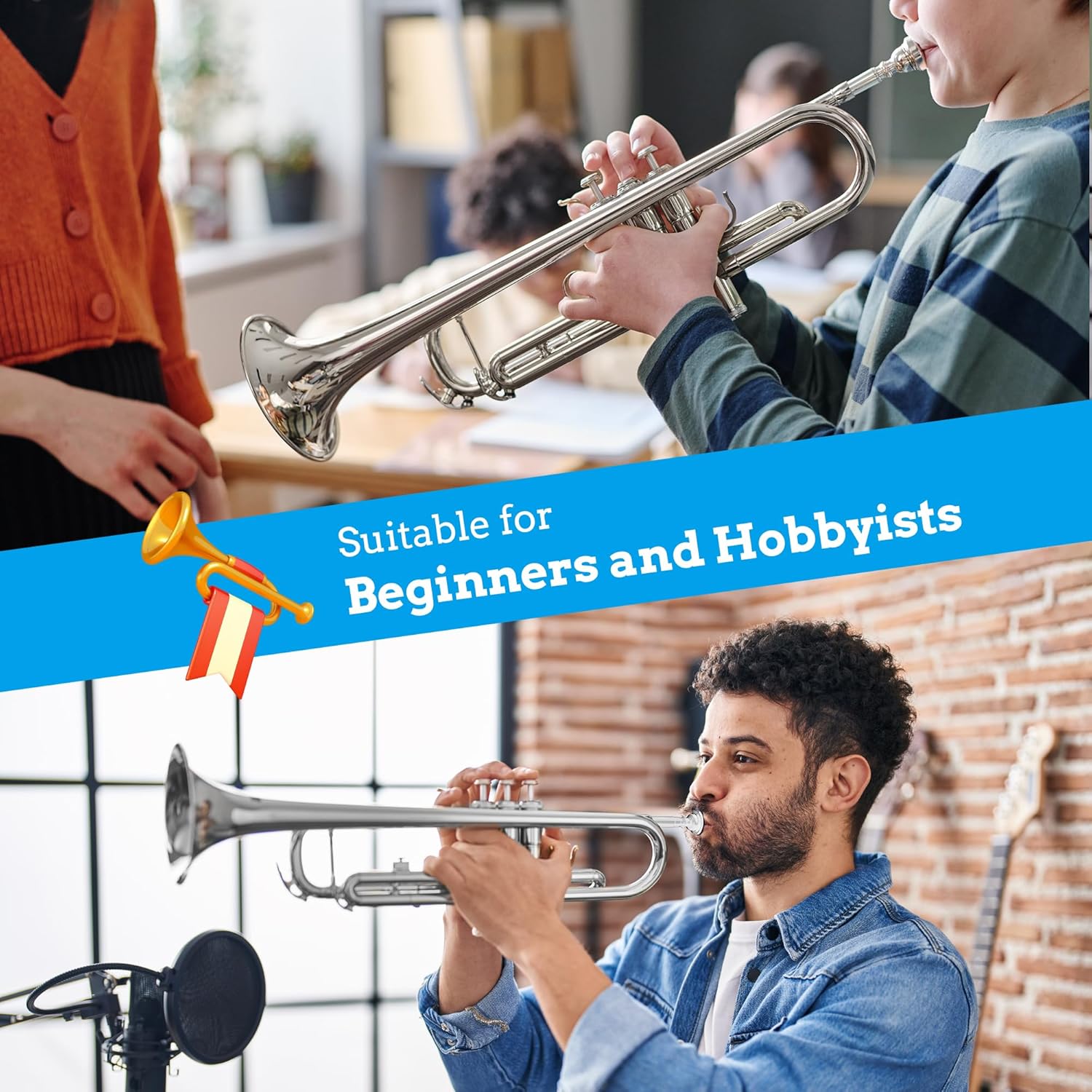 CAHAYA Bb Trumpet Instrument Trompeta: Nickel Student Trumpet with Hard Case 7C Mouthpiece Gloves Standard Trumpets for Beginners or Advanced Students Silver