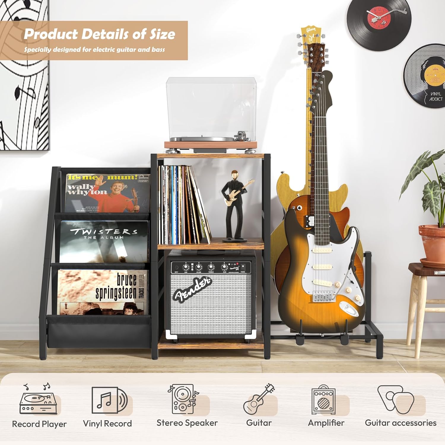 Bikoney Record Player Stand, Guitar Stand for Acoustic, Electric Guitar, Bass with Amp Stand, 3-Tier Vinyl Record Storage Up to 200 Albums, Record Player Table for Record Player, Speaker, Amplifier (3 guitar stand, Brown)