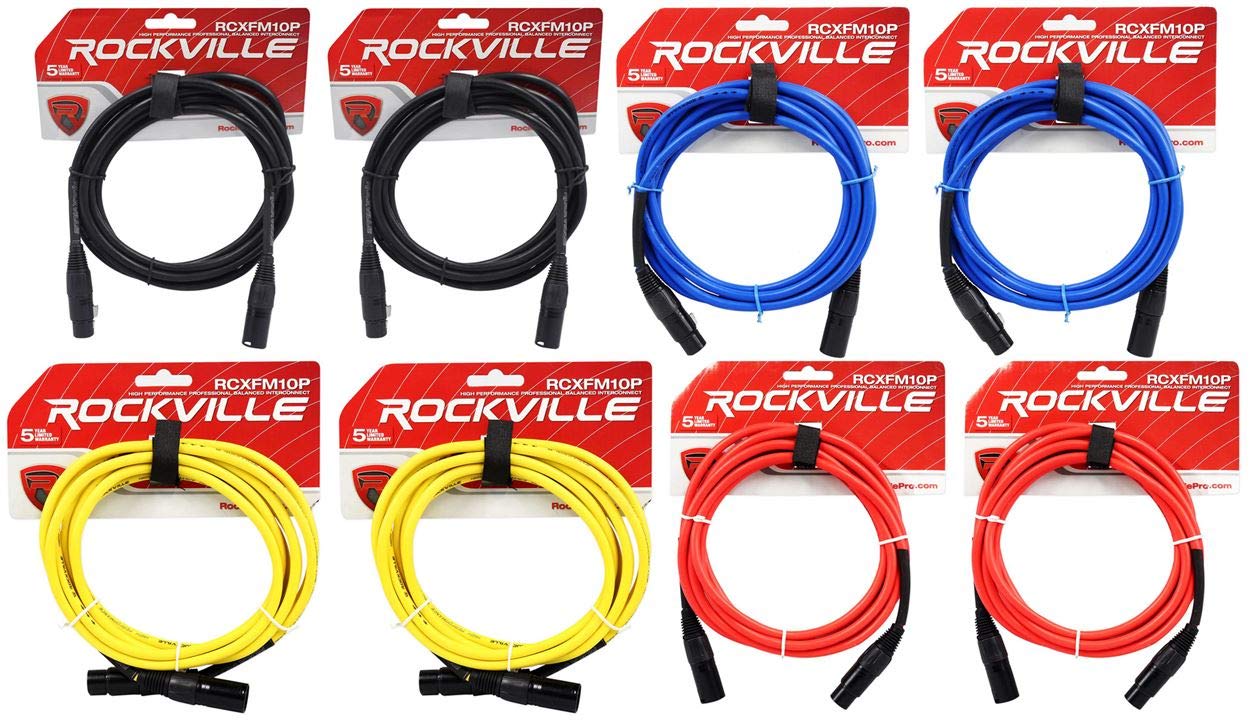 Rockville (2 RCXFM10P-B 10' Female to Male REAN XLR Mic/Speaker Cable Bundle with (2) RCXFM10P-BL Blue 10' XLR Cable, (2) RCXFM10P-R Red 10' XLR Cable, (2) RCXFM10P-Y Yellow 10' XLR Cable (8 Items)