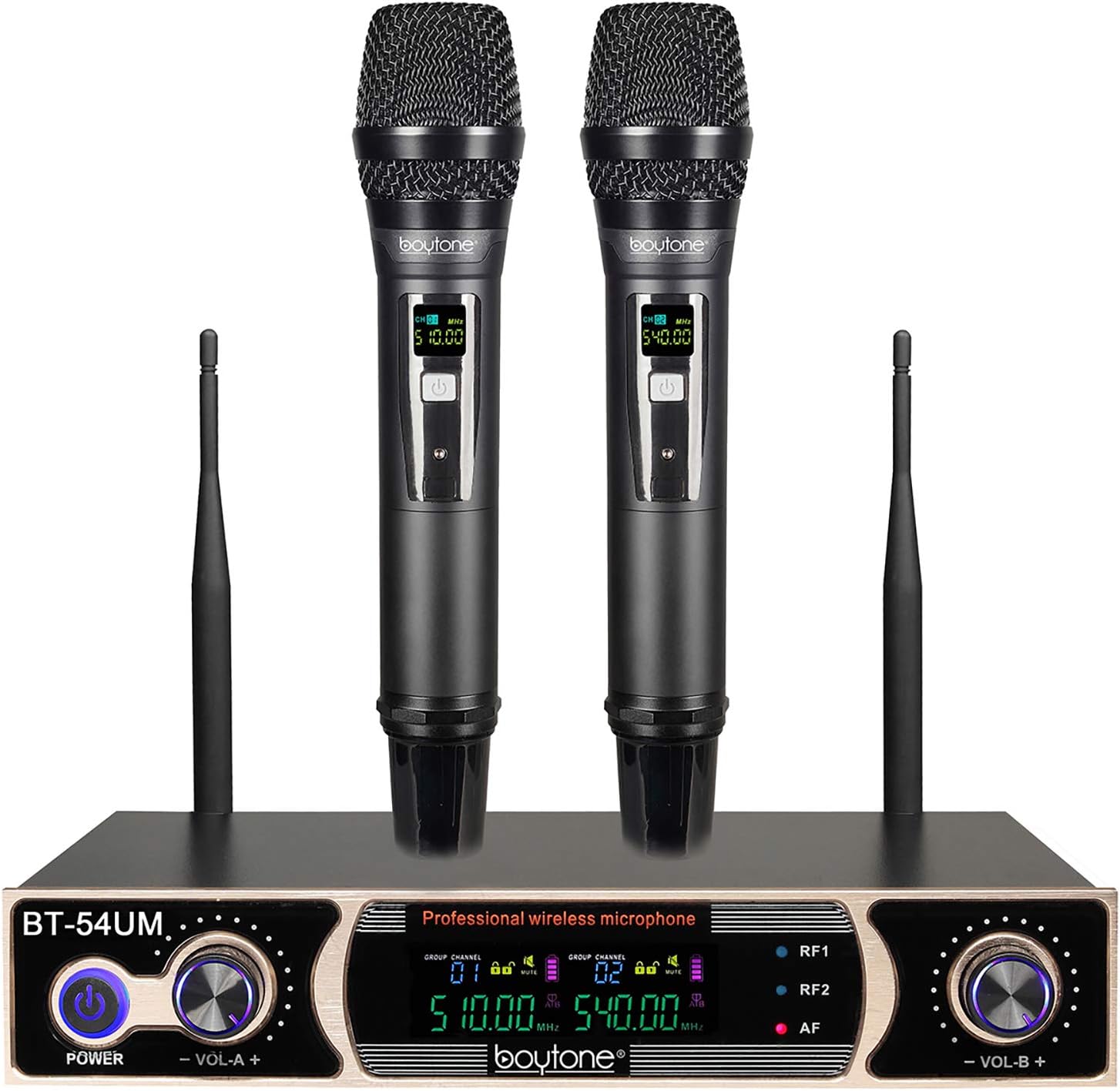 Boytone Dual Fixed Dynamic UHF Wireless Microphone System, Metal Microphone and Base, up to 260 FT(BT-54UM)