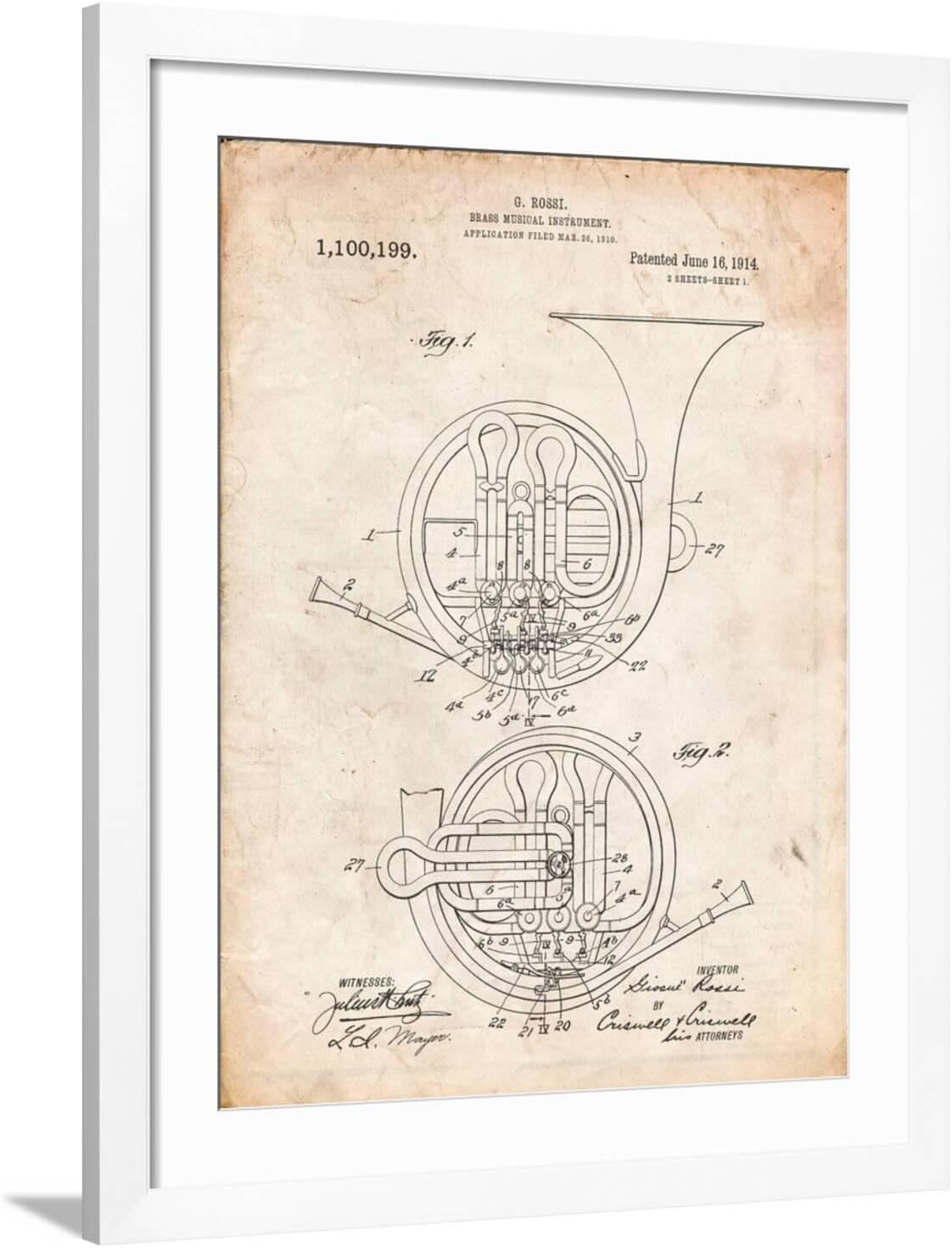 ART.COM Wall Art Print French Horn Instrument Patent on White Frame by Cole Borders, 32
