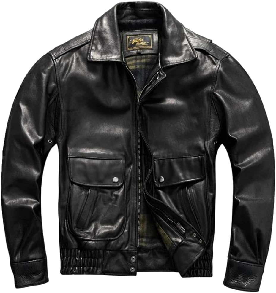 Men Military Genuine Natural Cowhide Turn-Down Collar Flight Black Winter Leather Jacket Coat