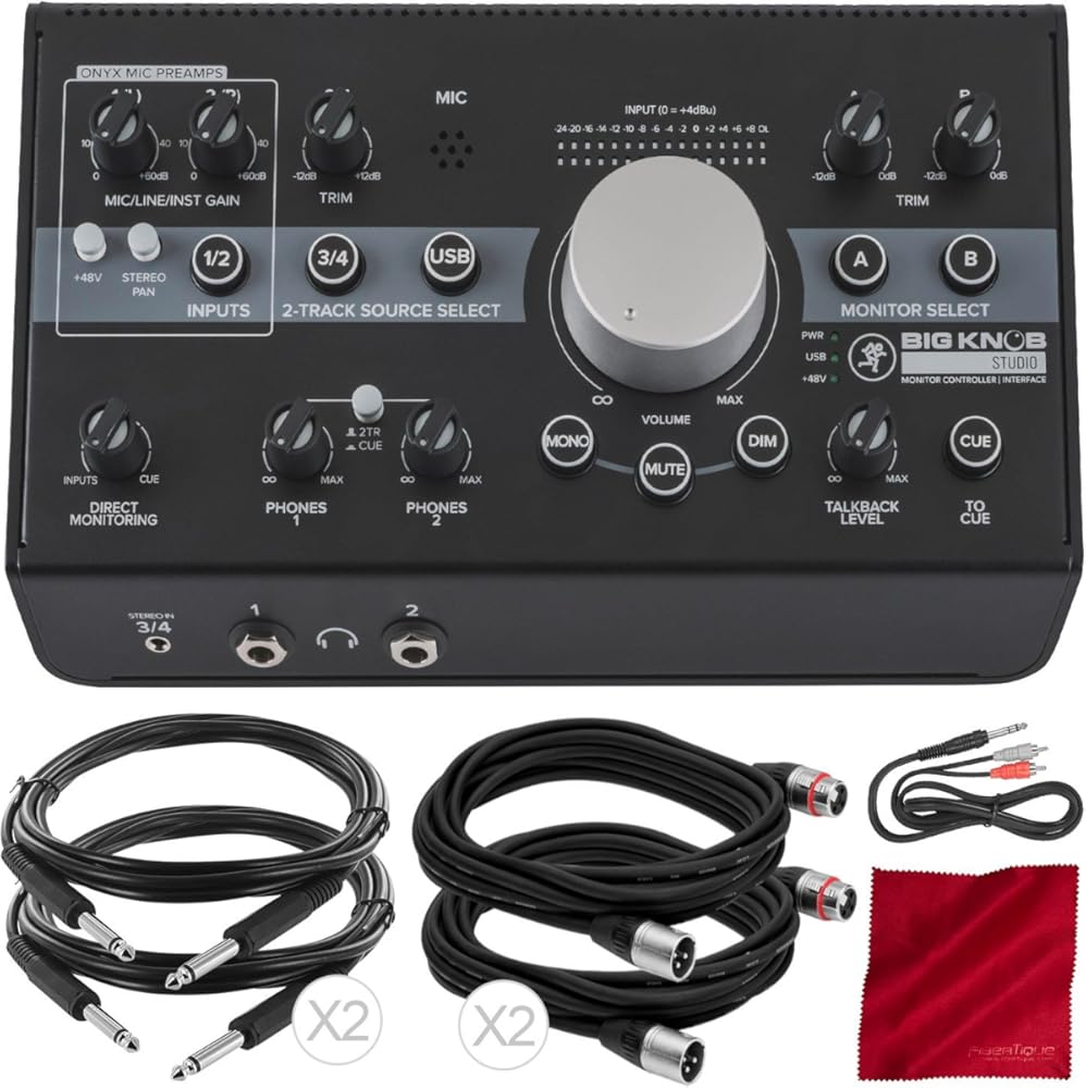 Mackie Big Knob Studio Monitor Controller Interface + Accessory Bundle with 5X Cables and Fibertique Cloth